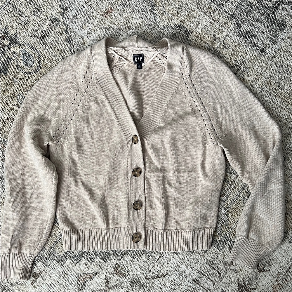 GAP Women's Light Cream Open-Knit V-Neck Button Cardigan 100% cotton Large Tall